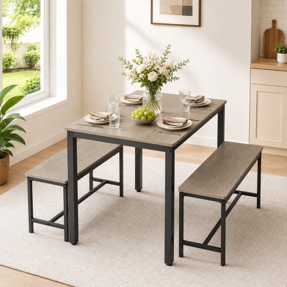 DEALTOPS 3-Piece Industrial Dining Table Set with 2 Benches – Compact Kitchen & Small Space Furniture, Gray