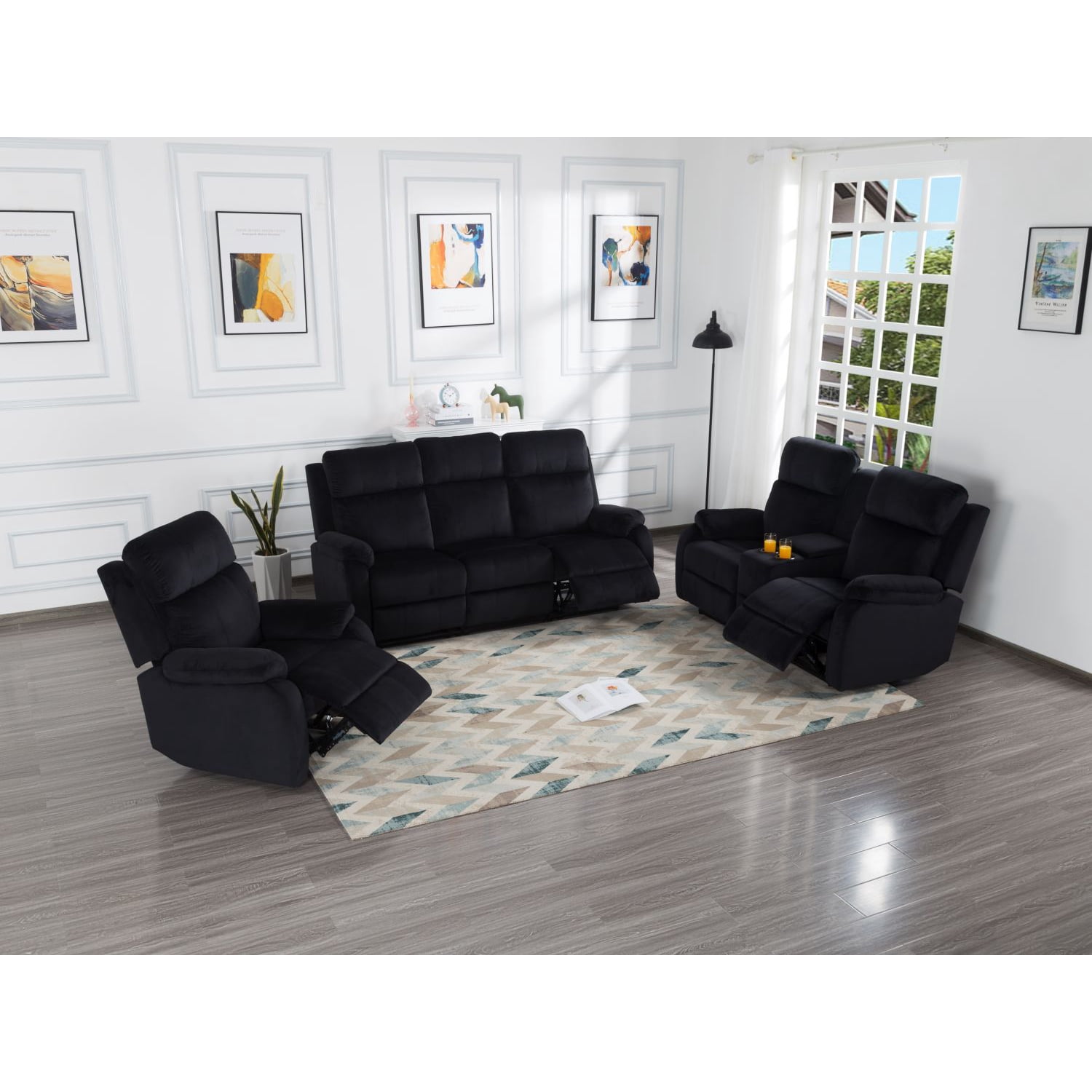 DEALTOPS 3-Piece Velvet Recliner Sofa for Living Room Set Reclining Couch Sofa Chair For Living Room Set with 5 Reclining Seats - Black