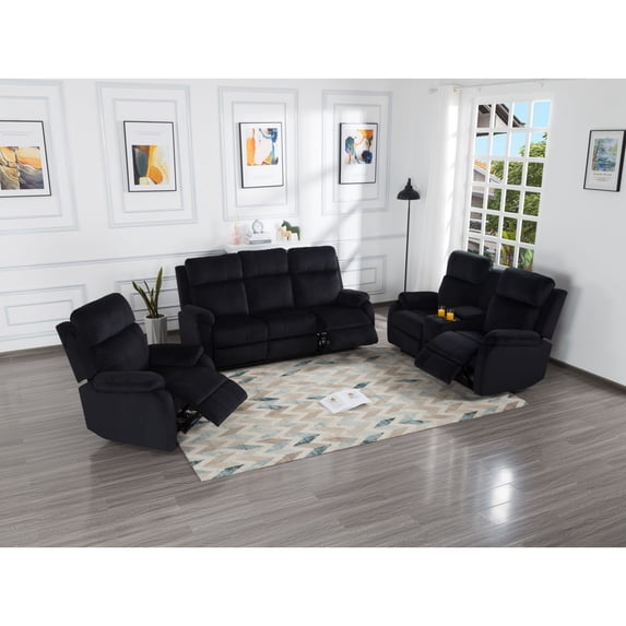 DEALTOPS 3-Piece Velvet Recliner Sofa for Living Room Set Reclining Couch Sofa Chair For Living Room Set with 5 Reclining Seats - Black