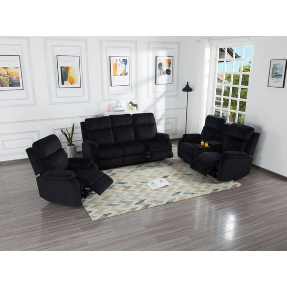 DEALTOPS 3-Piece Velvet Recliner Sofa for Living Room Set Reclining Couch Sofa Chair For Living Room Set with 5 Reclining Seats - Black