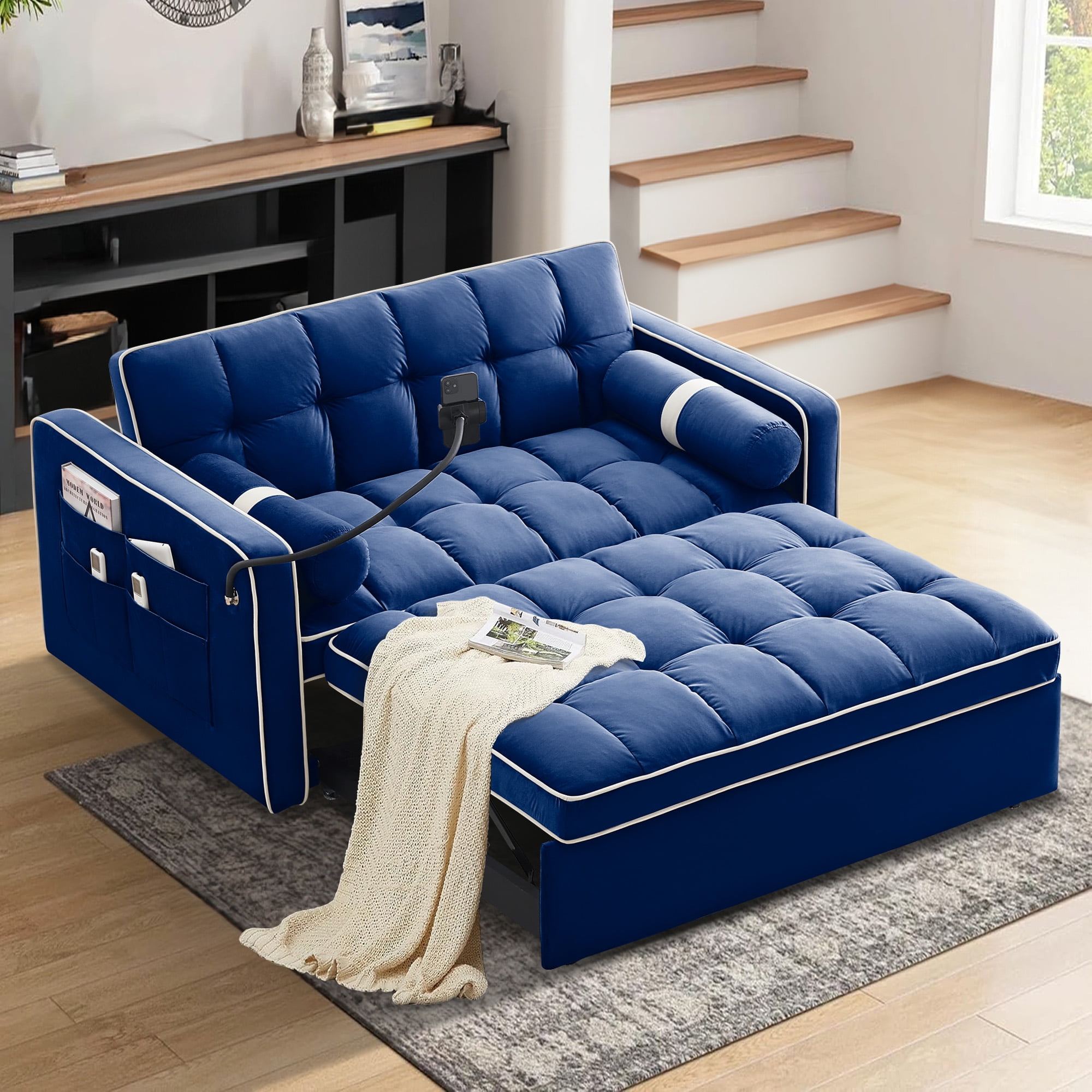 DEALTOPS 3 in 1 Sofa Bed, 55" Loveseat Sleeper with Two Pillows & Phone