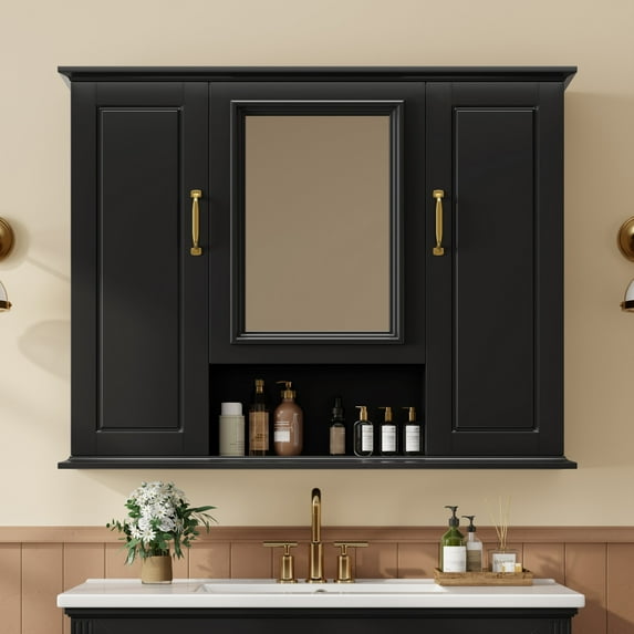 DEALTOPS 36" Bathroom Mirror Cabinet with Storage, Adjustable Shelves, Modern Wall-Mounted Medicine Cabinet in Black