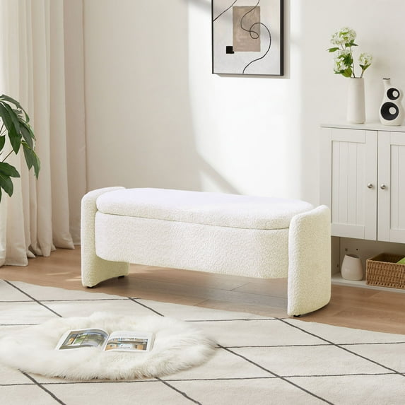 DEALTOPS 3D Lamb Fleece Fabric Storage Bench, Oval Stool with Storage Space, White