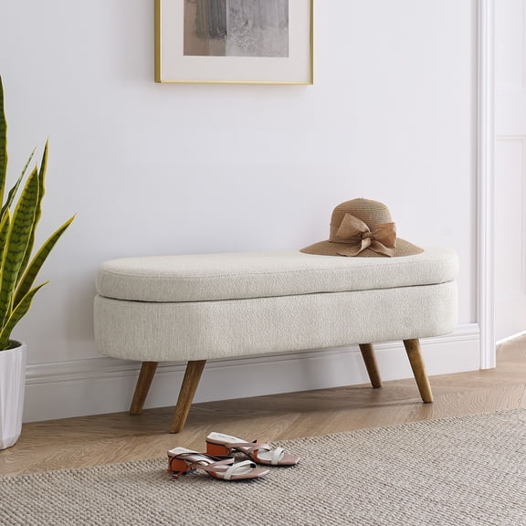 DEALTOPS 3D Linen Fabric Ottoman, Oval Storage Bench with Storage Space and Rubber Wood Legs, Beige