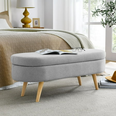 DEALTOPS 3D Linen Fabric Ottoman, Oval Storage Bench with Storage Space and Rubber Wood Legs, Gray