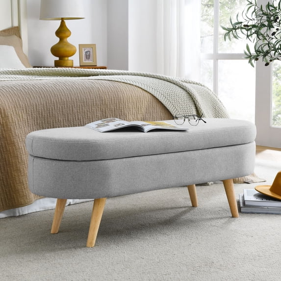 DEALTOPS 3D Linen Fabric Ottoman, Oval Storage Bench with Storage Space and Rubber Wood Legs, Gray