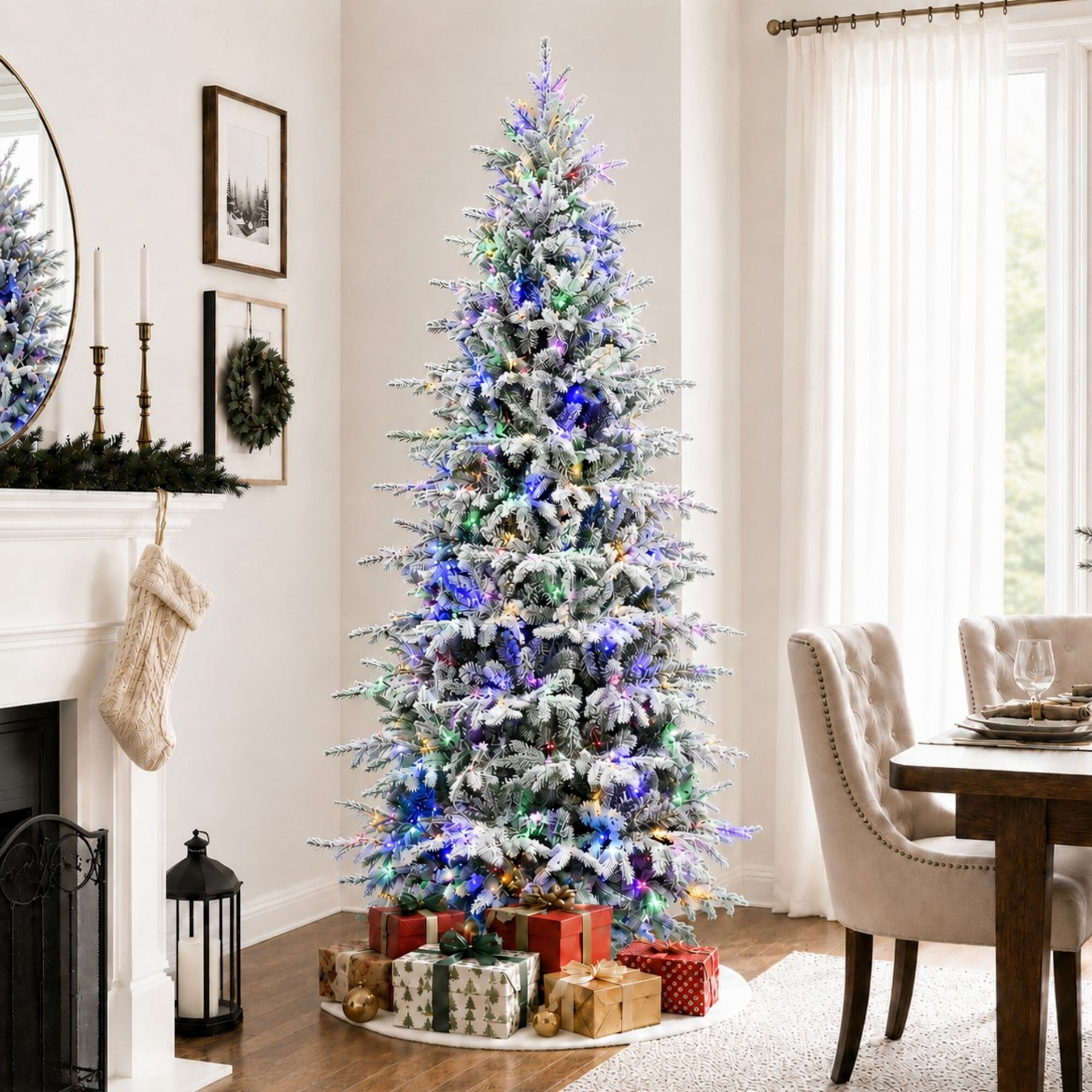DEALTOPS 4 FT Snow-Flocked Pre-Lit Artificial Christmas Tree with 100 Color-Changing 9-Mode LEDs, 739 Tips