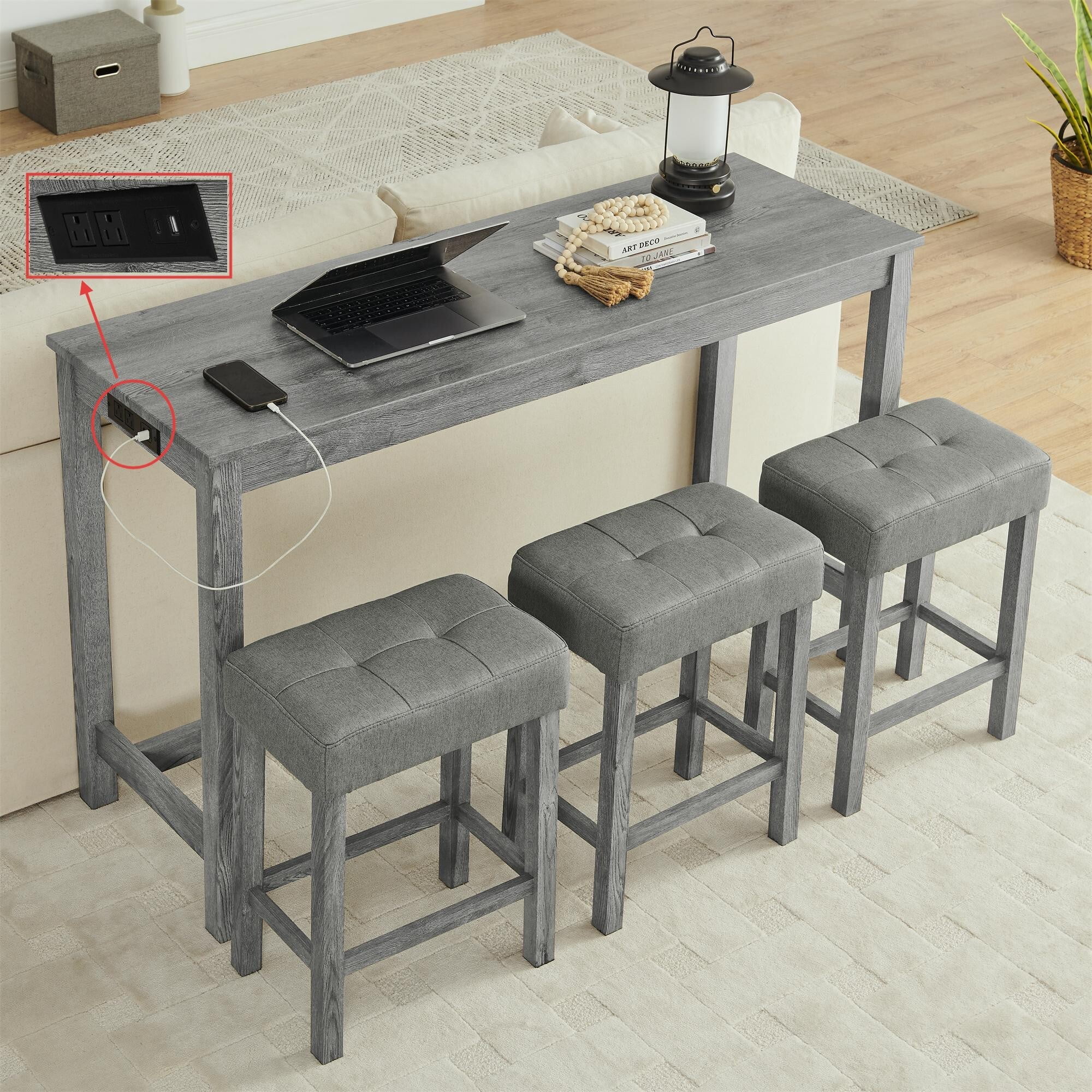 DEALTOPS 4-Piece Bar Table Set with Charging Station, 59" Counter Table with 3 Soft Stools for Small Space, Antique Gray