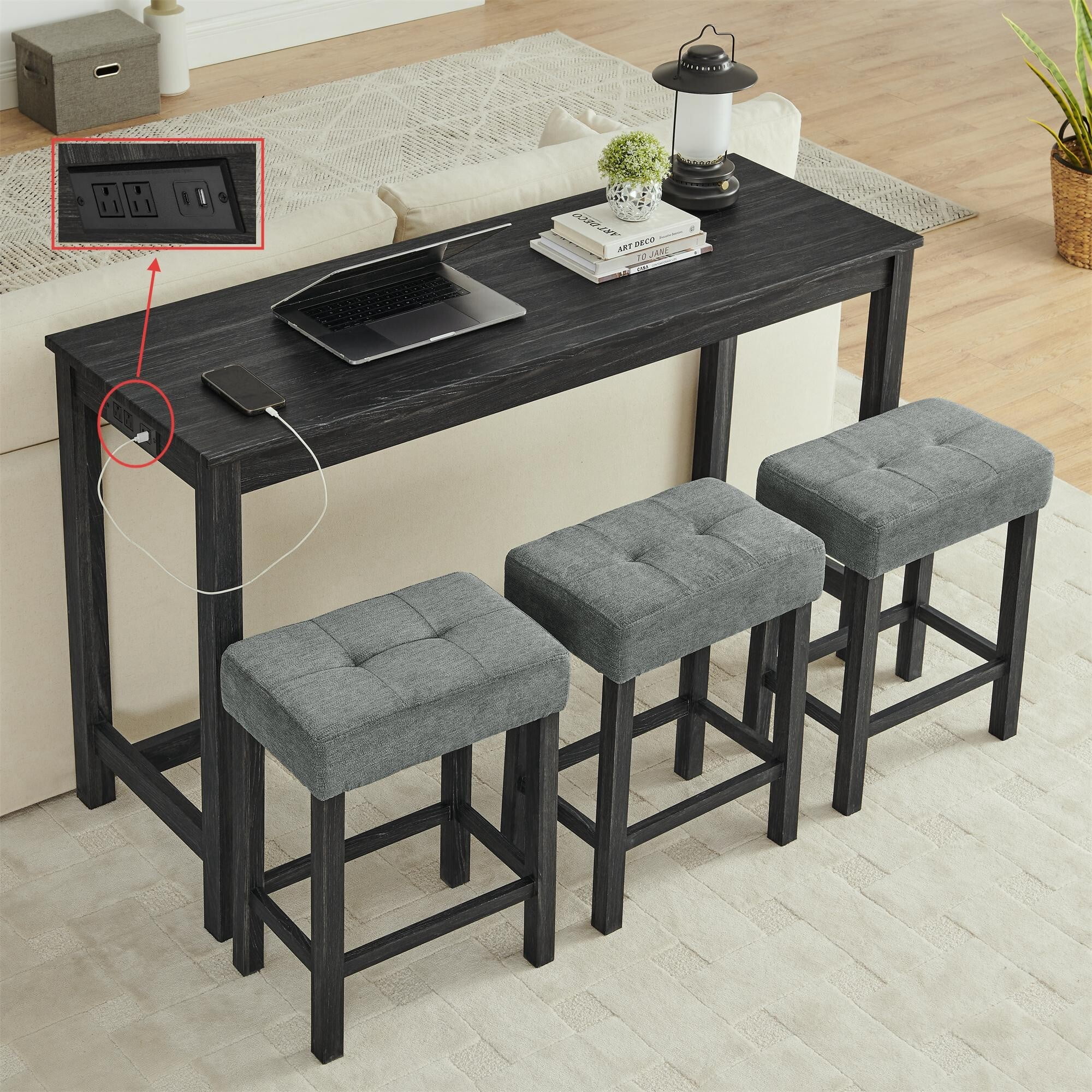 DEALTOPS 4-Piece Bar Table Set with Charging Station, 59" Counter Table with 3 Soft Stools for Small Space, Black