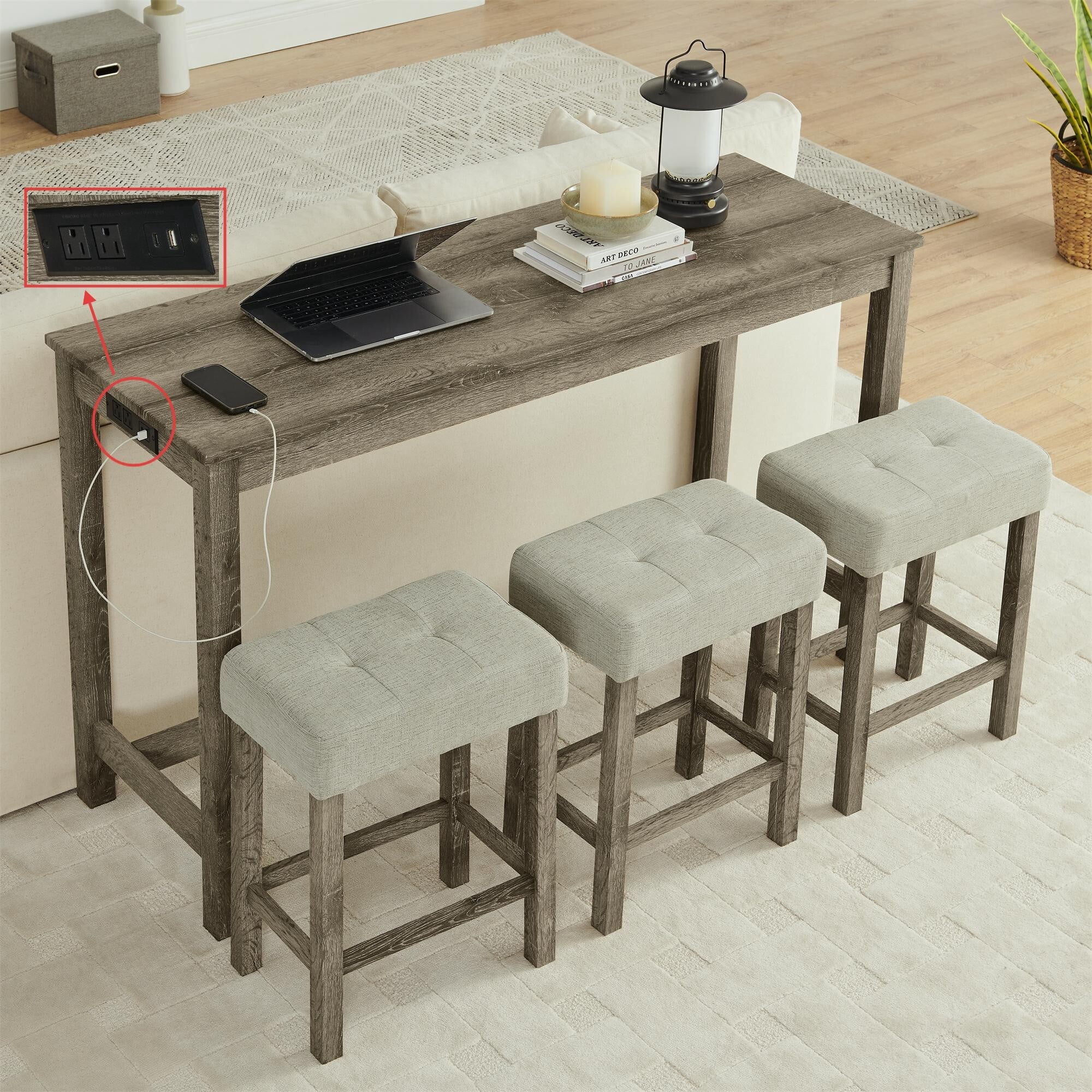 DEALTOPS 4-Piece Bar Table Set with Charging Station, 59" Counter Table with 3 Soft Stools for Small Space, Brown