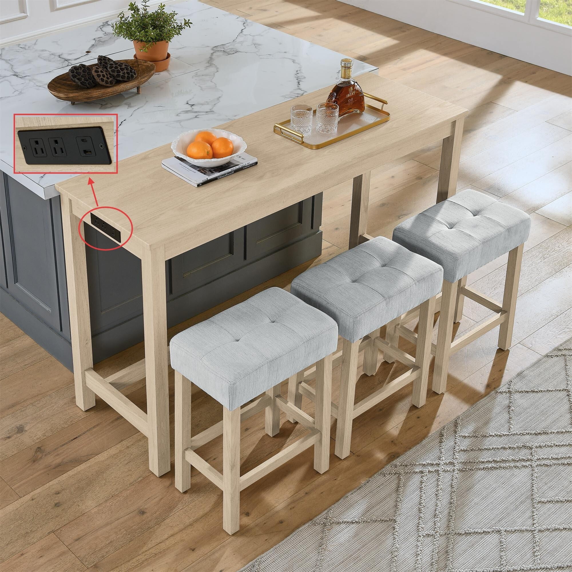 DEALTOPS 4-Piece Bar Table Set with Charging Station, 59" Counter Table with 3 Soft Stools for Small Space, Light Oak