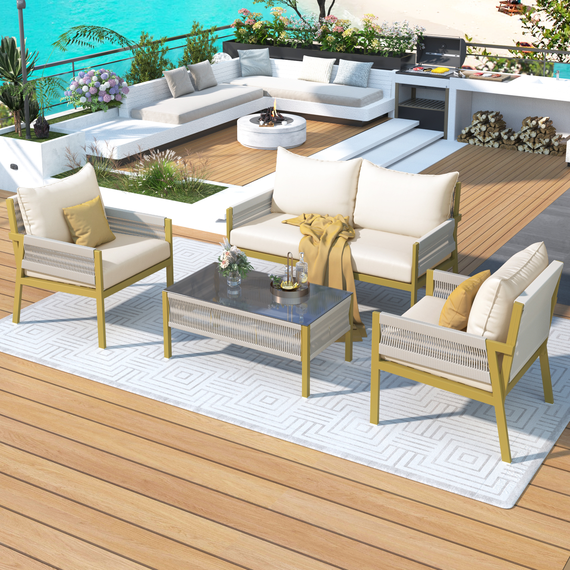 DEALTOPS 4-Piece Rope Patio Furniture Set, Outdoor Furniture with Tempered Glass Table, Patio Conversation Set Deep Seating with Thick Cushion for Backyard Porch Balcony-Beige&Mustard Yellow