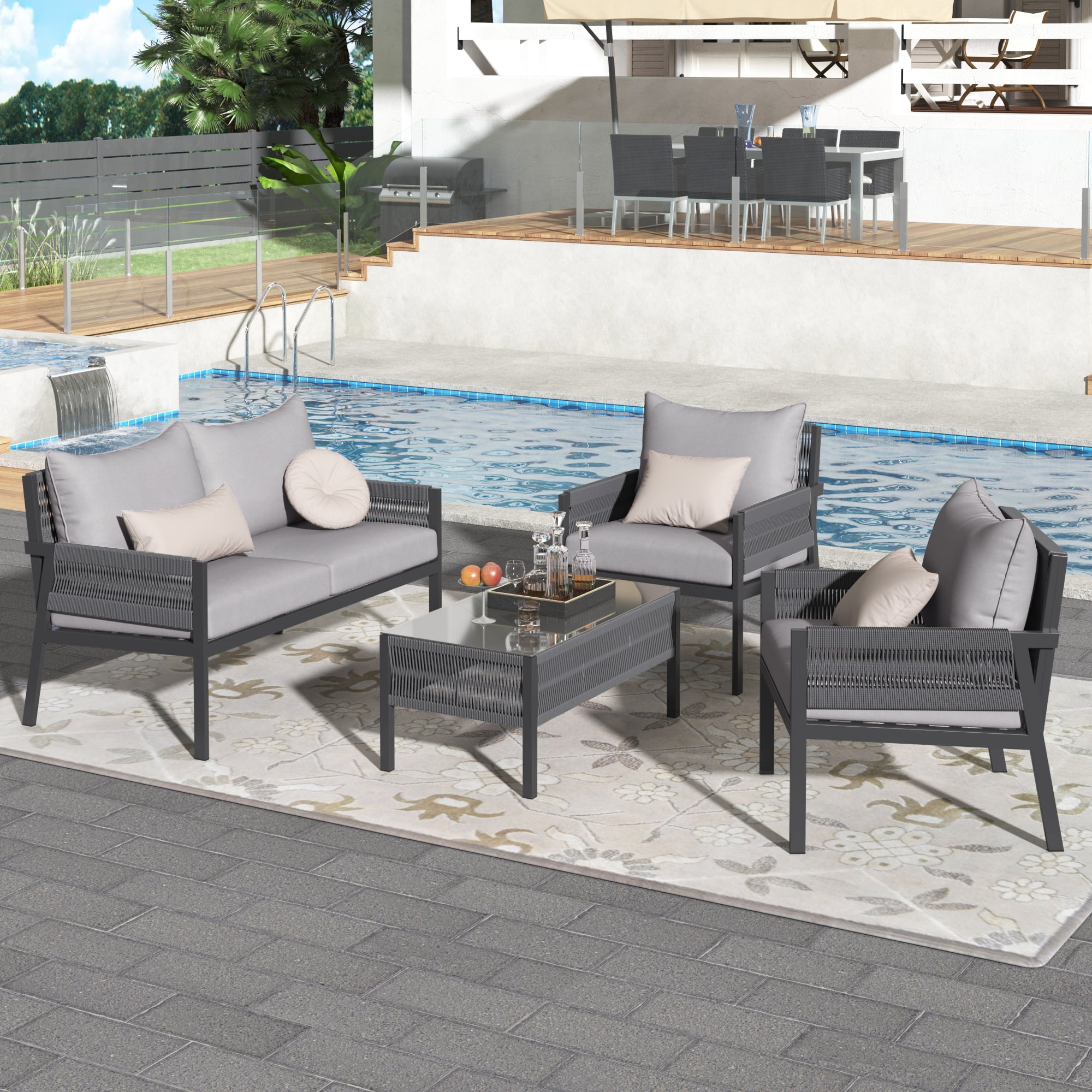 DEALTOPS 4-Piece Rope Patio Furniture Set, Outdoor Furniture with Tempered Glass Table, Patio Conversation Set Deep Seating with Thick Cushion for Backyard Porch Balcony-Grey