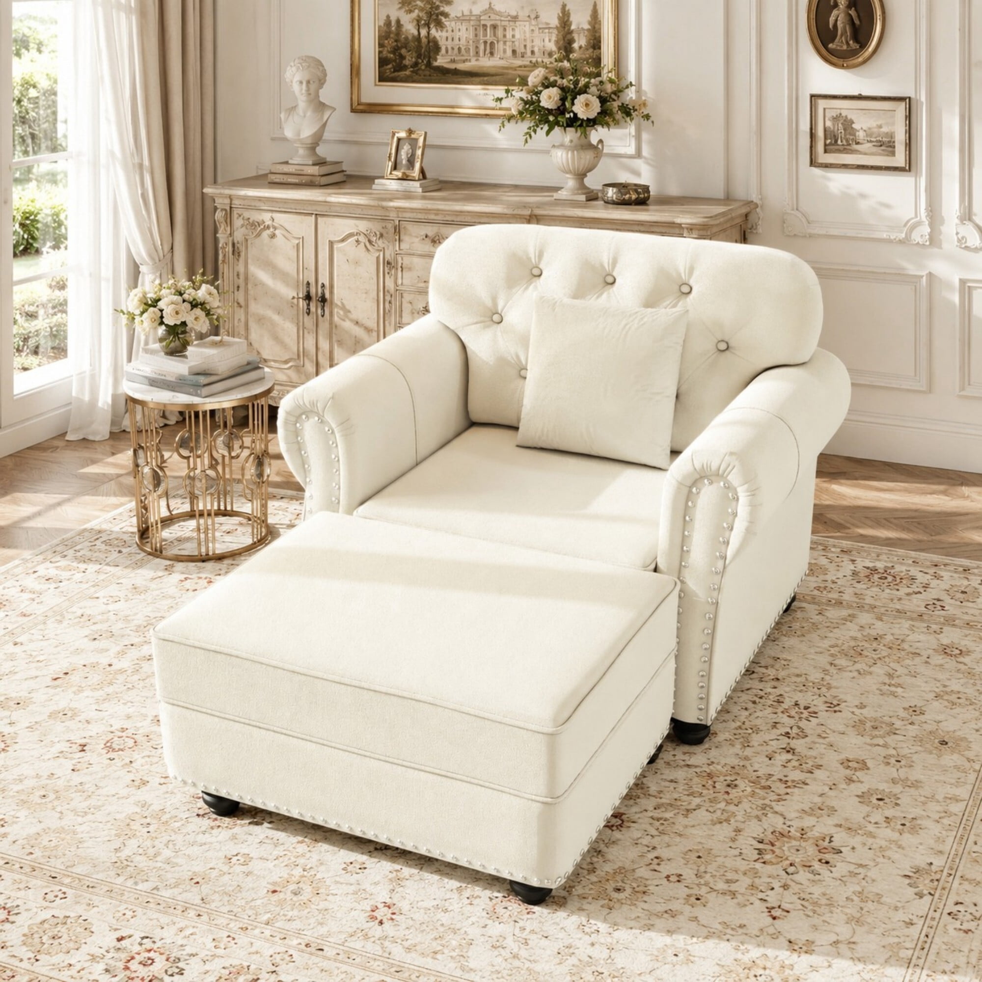 DEALTOPS 41.3 Inch Reversible Chesterfield Velvet Accent Chair with Ottoman, Tufted Nailhead Trim, Beige