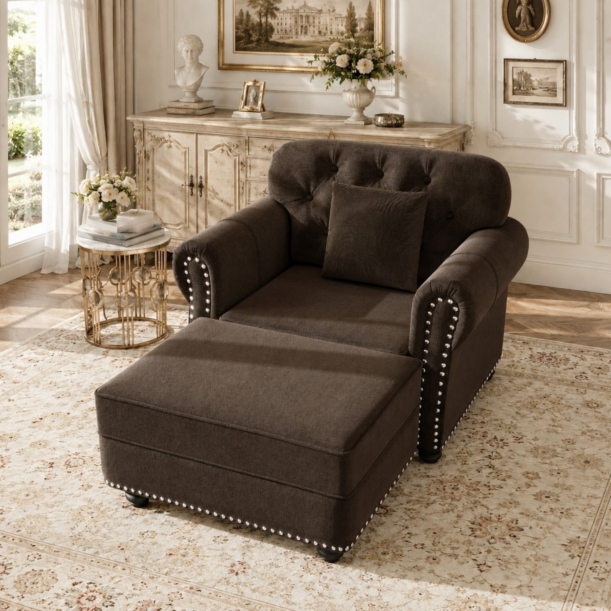DEALTOPS 41.3 Inch Reversible Chesterfield Velvet Accent Chair with Ottoman, Tufted Nailhead Trim, Brown