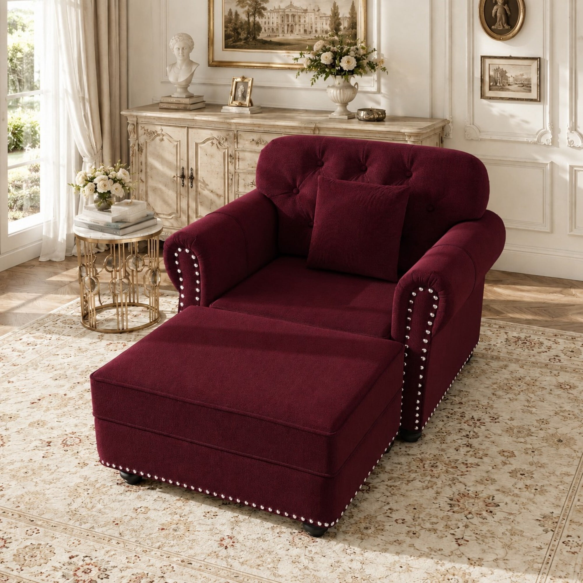 DEALTOPS 41.3 Inch Reversible Chesterfield Velvet Accent Chair with Ottoman, Tufted Nailhead Trim, Burgundy