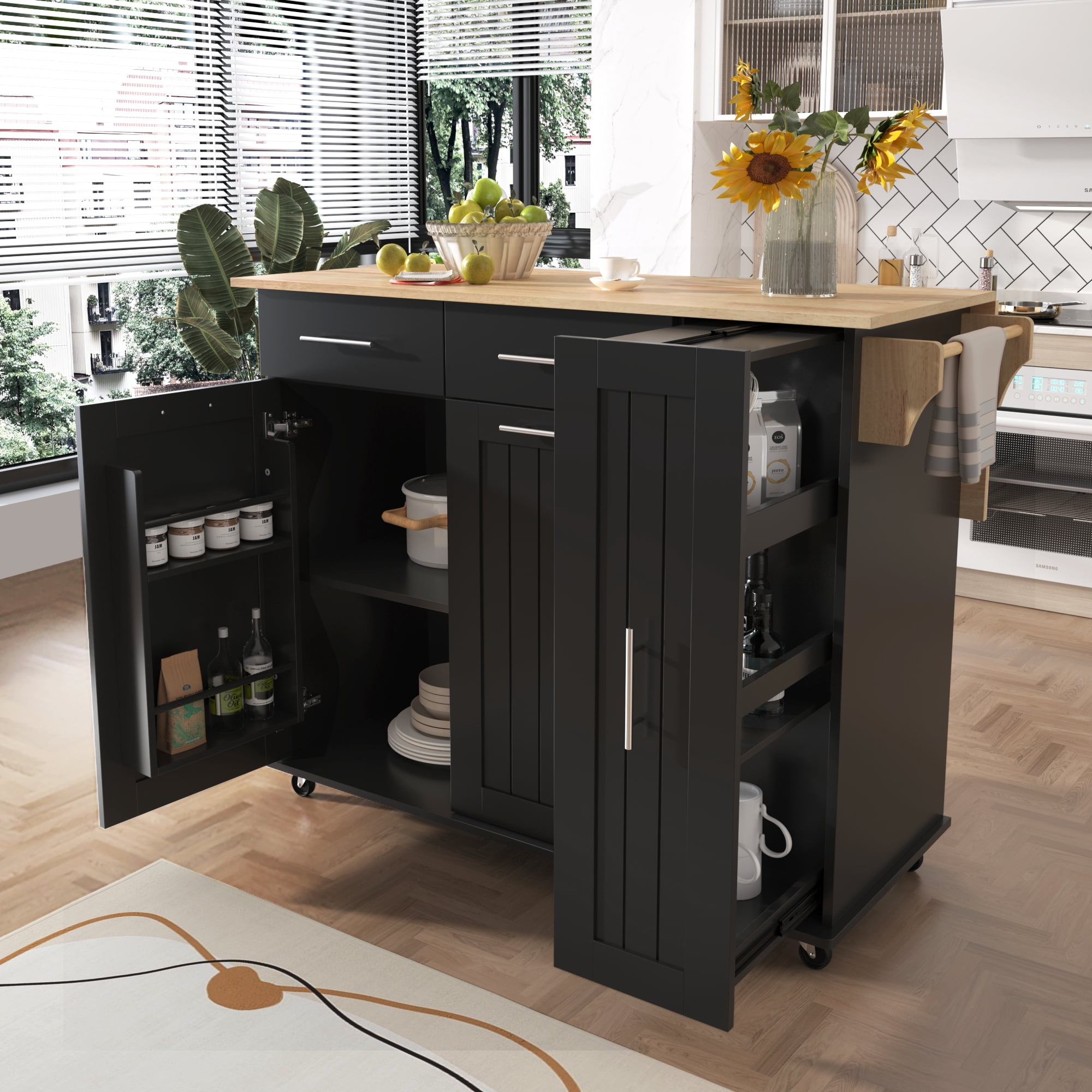 DEALTOPS 46" Kitchen Island with Drop Leaf, Kitchen Storage Cart with 3 Tier Pull Out Cabinet Organizer, Internal Storage Rack, Rolling Kitchen Cart on Wheels with Towel Rack for Kitchen-Black