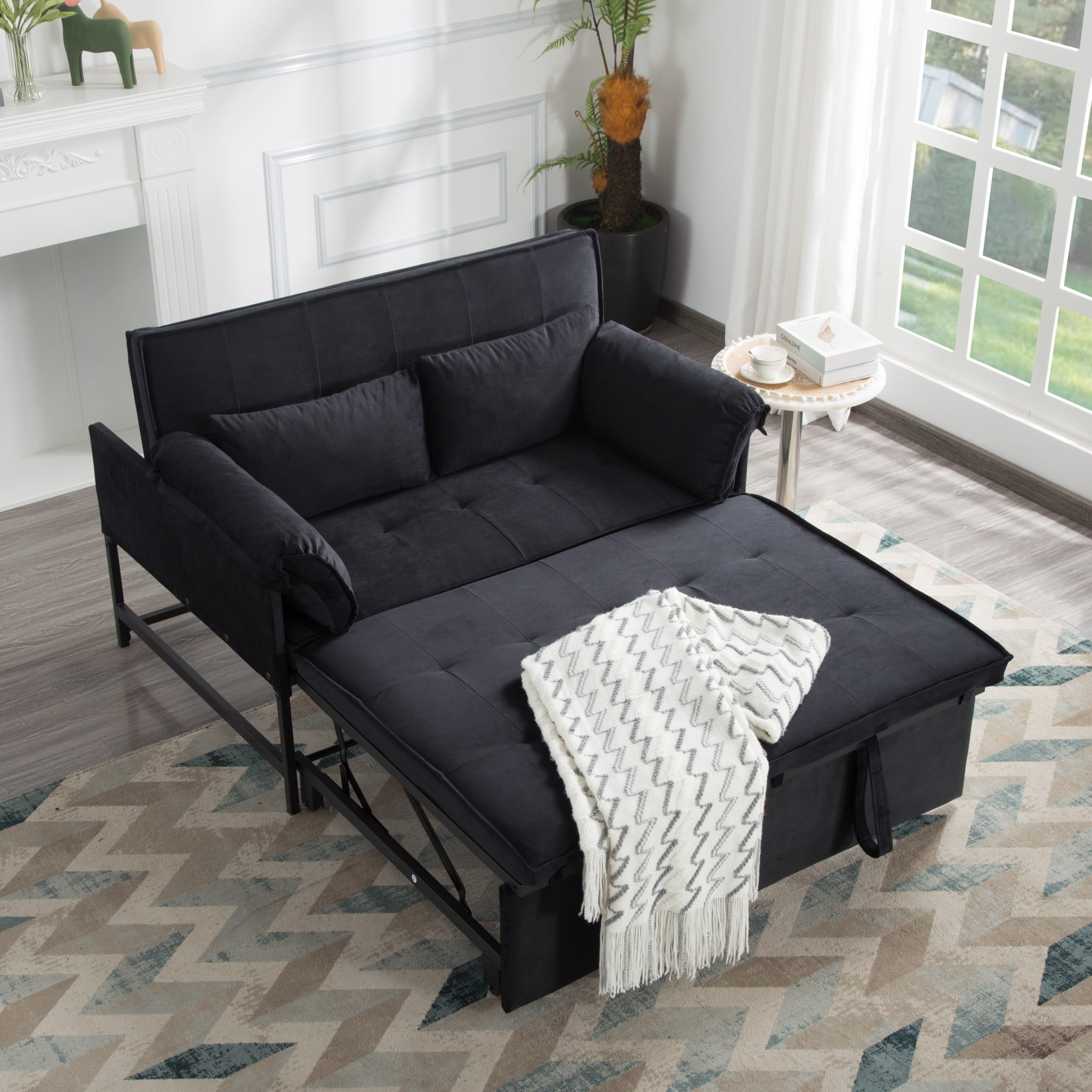 DEALTOPS 46" Velvet Pull-Out Sleeper Sofa Bed, 2-in-1 Convertible Loveseat with 5-Level Reclining Backrest, Black