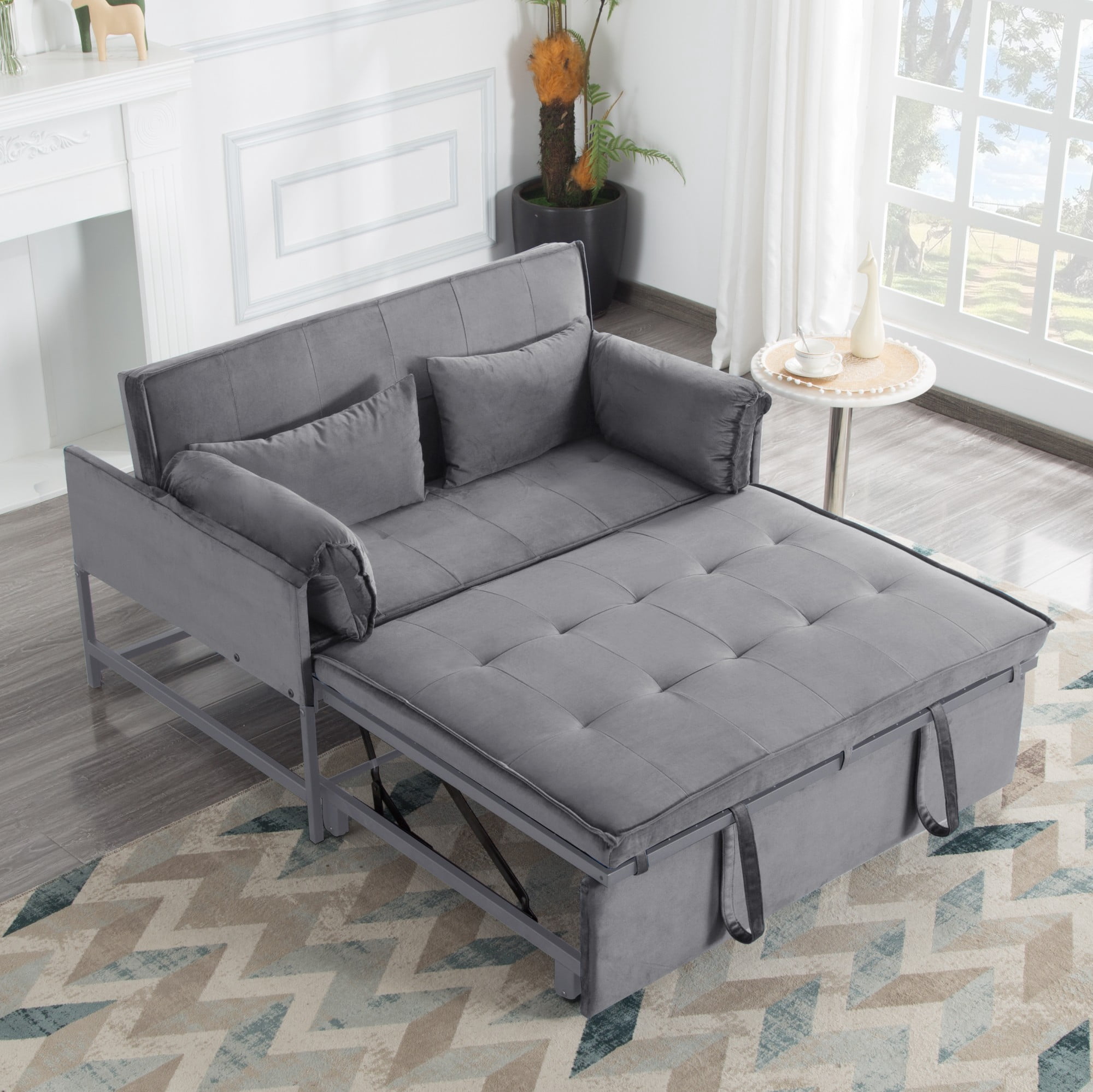 DEALTOPS 46" Velvet Pull-Out Sleeper Sofa Bed, 2-in-1 Convertible Loveseat with 5-Level Reclining Backrest, Gray
