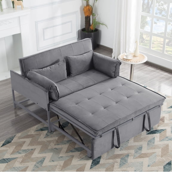 DEALTOPS 46" Velvet Pull-Out Sleeper Sofa Bed, 2-in-1 Convertible Loveseat with 5-Level Reclining Backrest, Gray