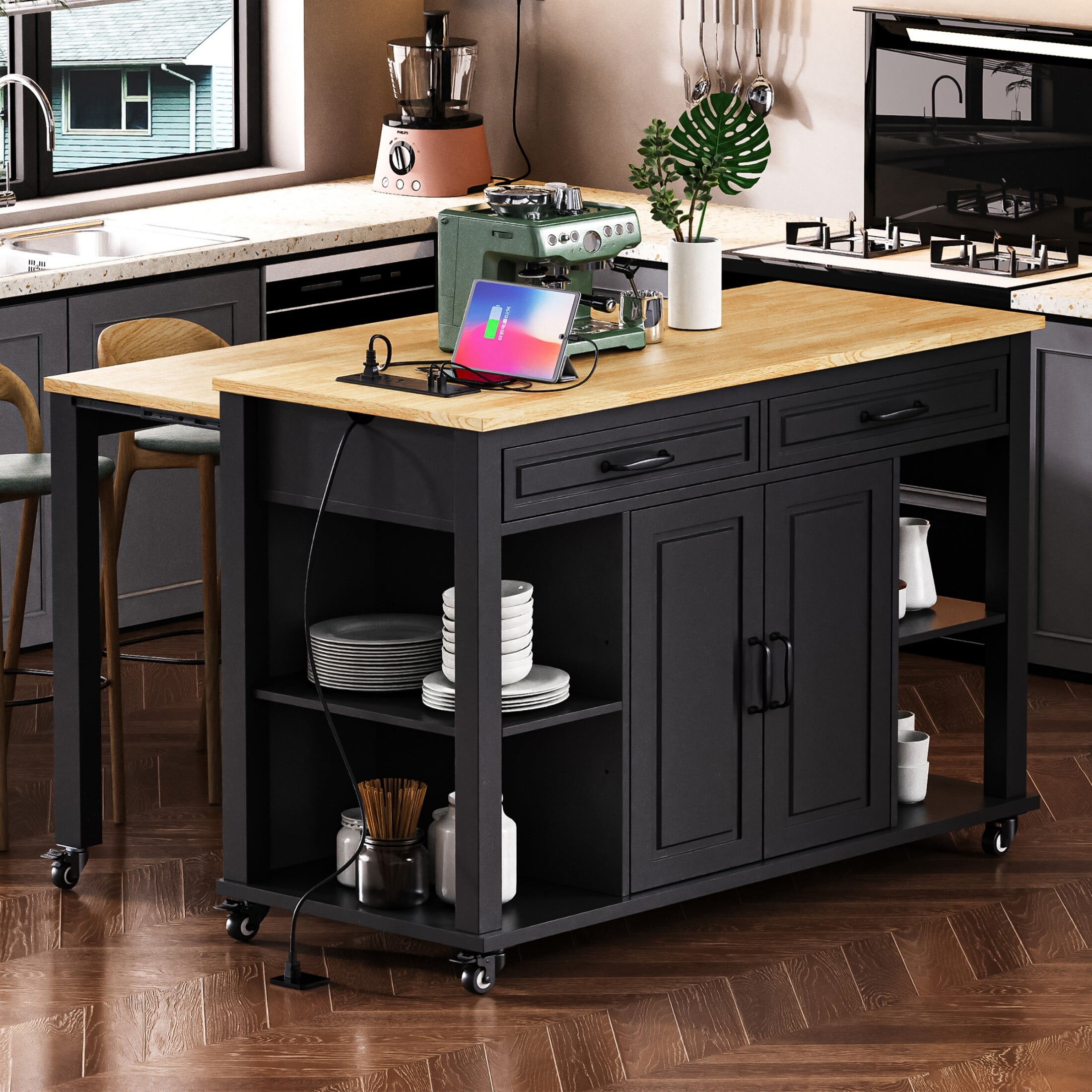 DEALTOPS 47.2'' Kitchen Island Cart with Extendable Table, Kitchen Storage Cart with Power Outlet, Black