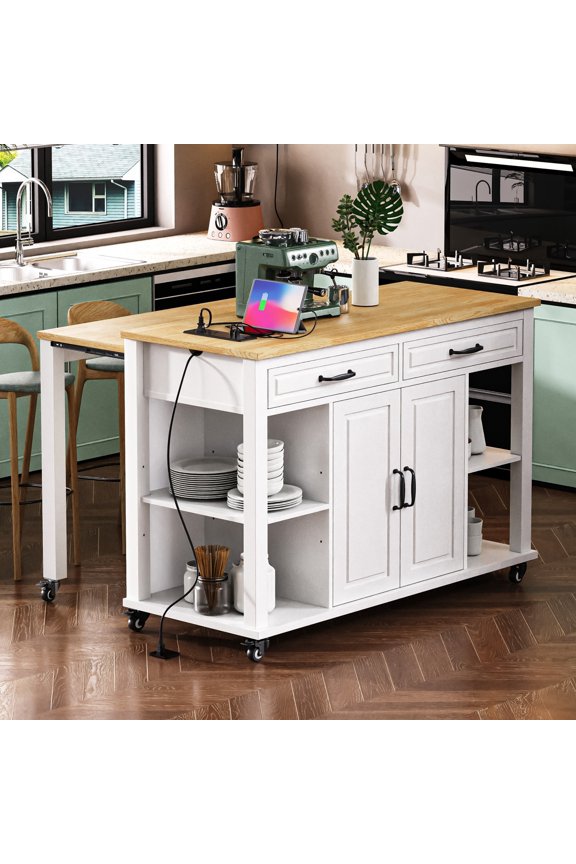 47.2'' Kitchen Island Cart with Extendable Table and Open Spaces, Kitchen Storage Cart with Adjustable Shelves, White