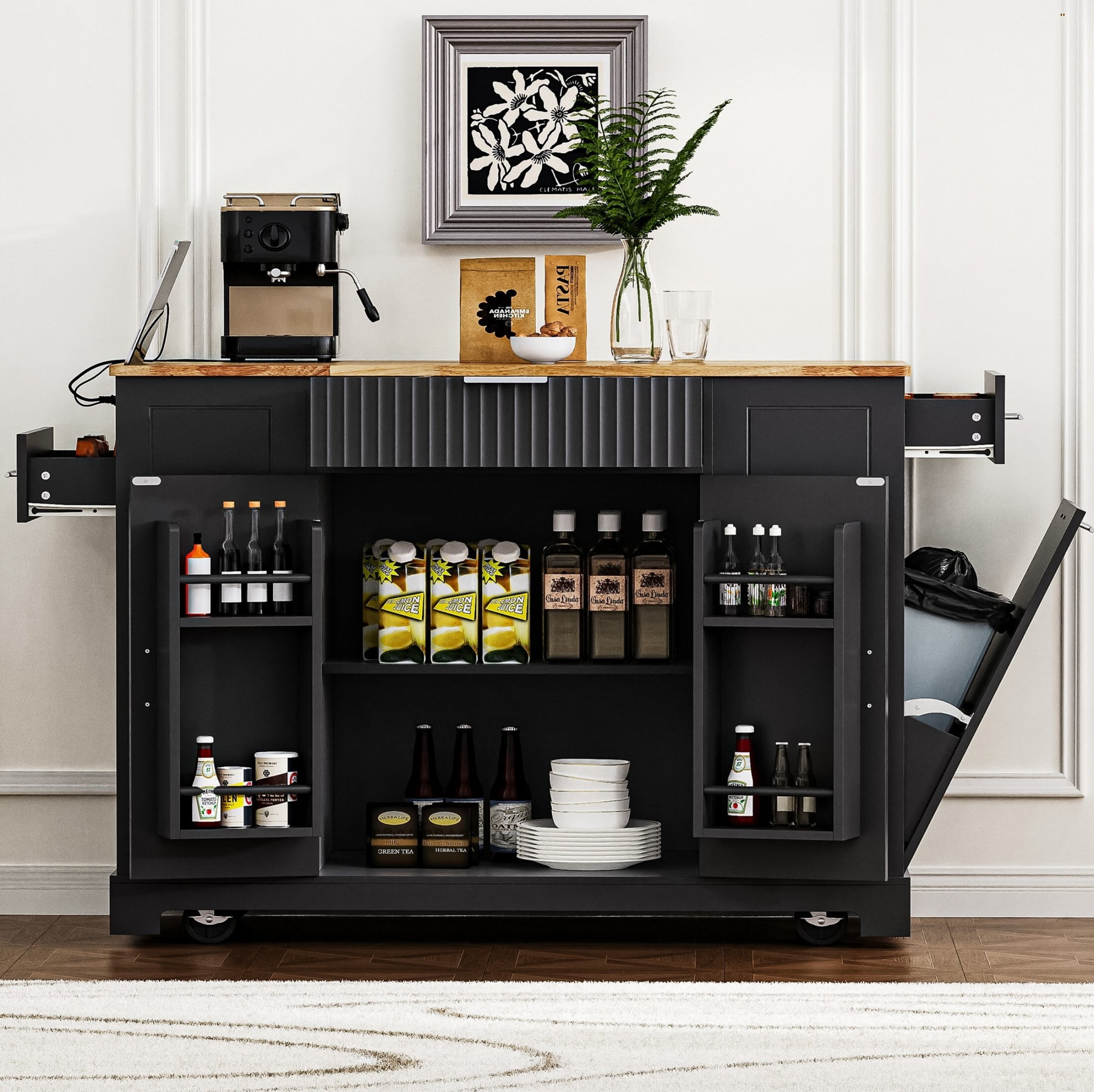 DEALTOPS 47.2'' Kitchen Island With Trash Can and Power Outlet, Rolling Kitchen Storage Cart with Open Shelves, Black
