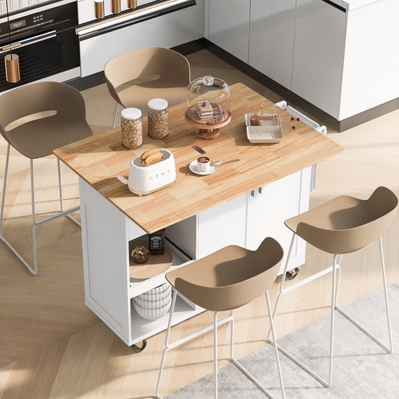 DEALTOPS 49"L Rolling Kitchen Island with Foldable Countertop, Kitchen Storage Cart with Slide-Out Shelf for Dining Room-White