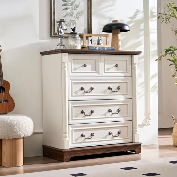 DEALTOPS 5-Drawer Farmhouse Dresser, Vertical Storage Chest with Solid Wood Columns, Shabby Chic Cabinet, White