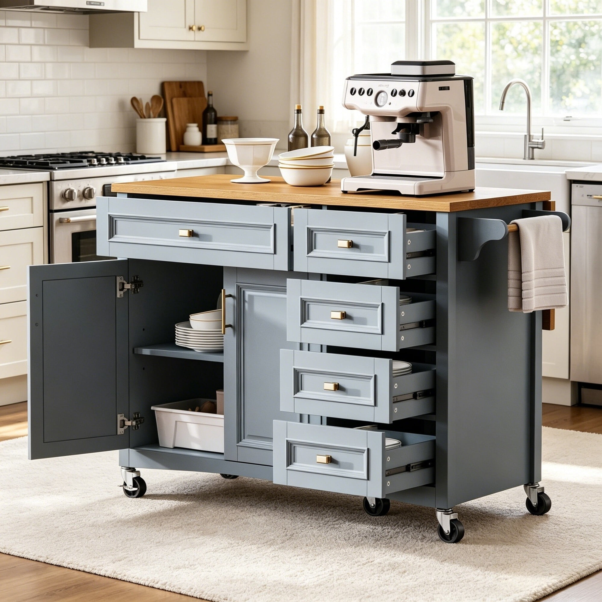DEALTOPS 52" Mobile Kitchen Island with Drop Leaf, Rolling Storage Cabinet Cart with 5 Drawers, Blue Grey