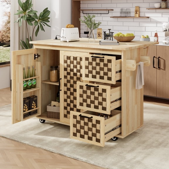 DEALTOPS 53.2'' Kitchen Island with Power Outlet and Drop Leaf, Moving Woven Checkerboard Design Kitchen Storage Carts, Natural