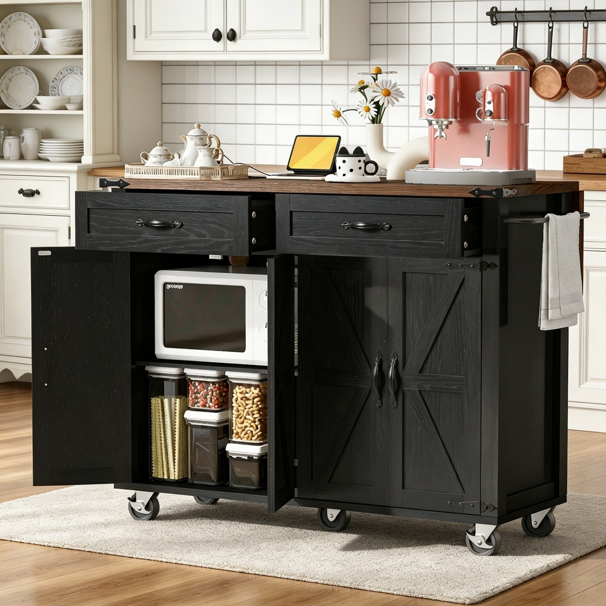 DEALTOPS 53.5" Farmhouse Kitchen Island with Power Outlet & Drop Leaf, Rolling Storage Cart, Distressed Black