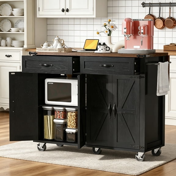 DEALTOPS 53.5" Farmhouse Kitchen Island with Power Outlet & Drop Leaf, Rolling Storage Cart, Distressed Black