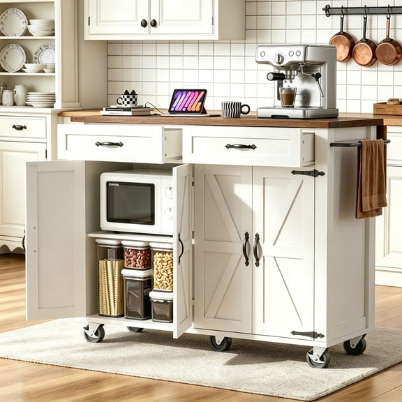 DEALTOPS 53.5" Farmhouse Kitchen Island with Power Outlet & Drop Leaf, Rolling Storage Cart, Distressed White