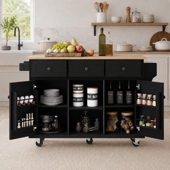 DEALTOPS 53" Kitchen Island Cart on Wheels with Drop Leaf, Storage Cabinet and 3 Drawers, Black