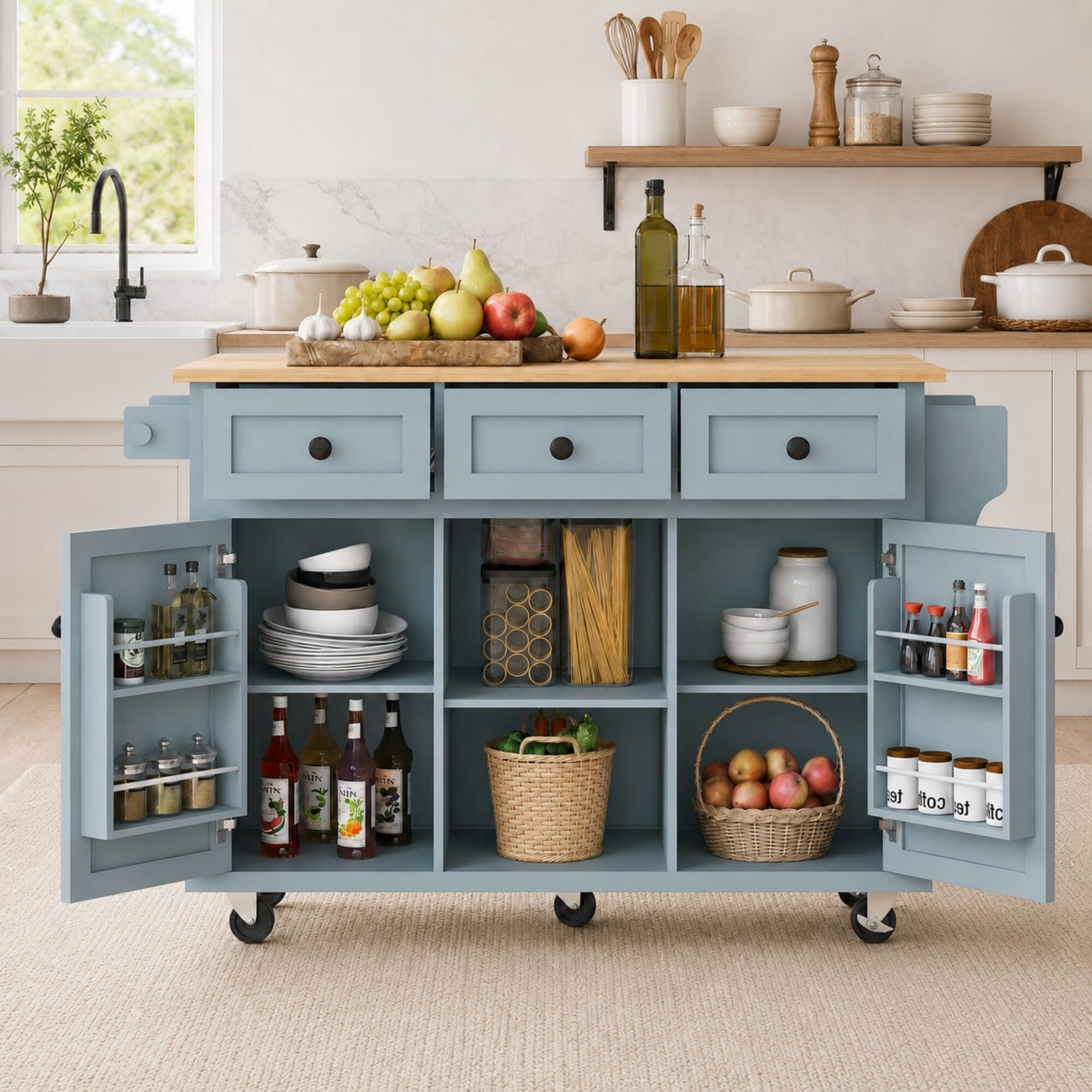 DEALTOPS 53" Kitchen Island Cart on Wheels with Drop Leaf, Storage Cabinet and 3 Drawers, Blue Gray