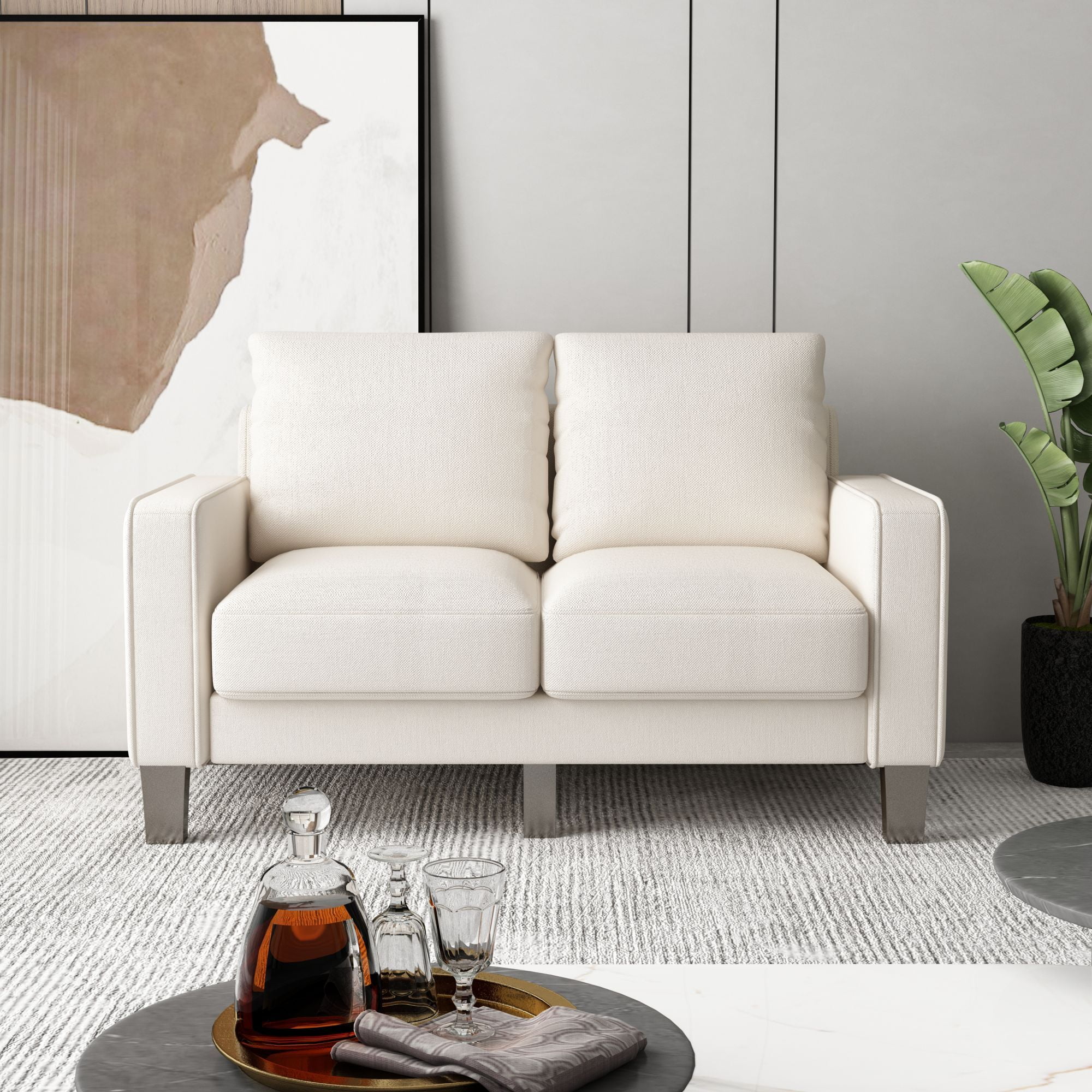DEALTOPS 53'' Modern Loveseat Sofa, Fabric Couch with Square Arms for Living Room, Beige