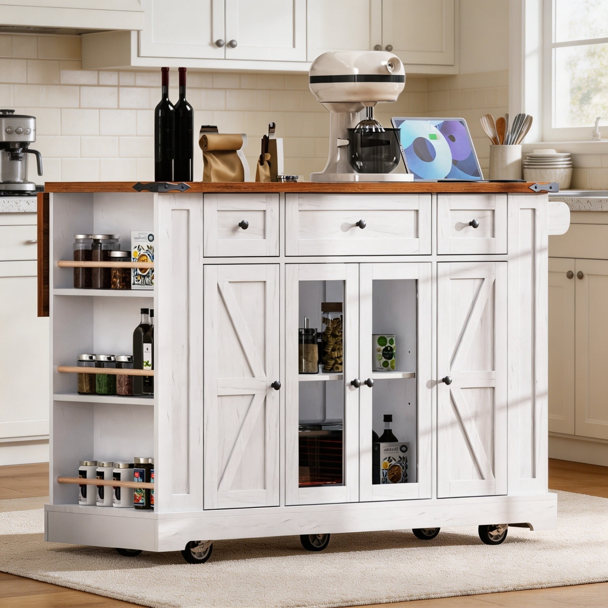 DEALTOPS 53" Rolling Farmhouse Kitchen Island Cart with Drop Leaf, Charging Station & Glass Doors, White