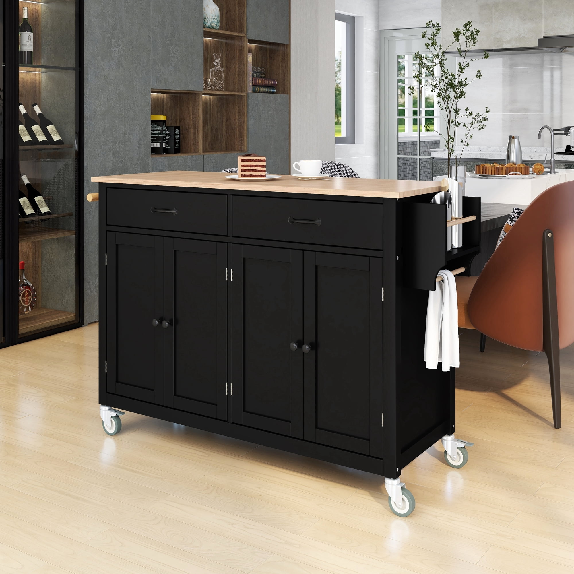 DEALTOPS 54.3" Kitchen Island Cart on Wheels, Kitchen Islands with Storage 4 Door Cabinet & Adjustable Shelves &Towel rack & 2 Drawers Storage Solid wood top-Black