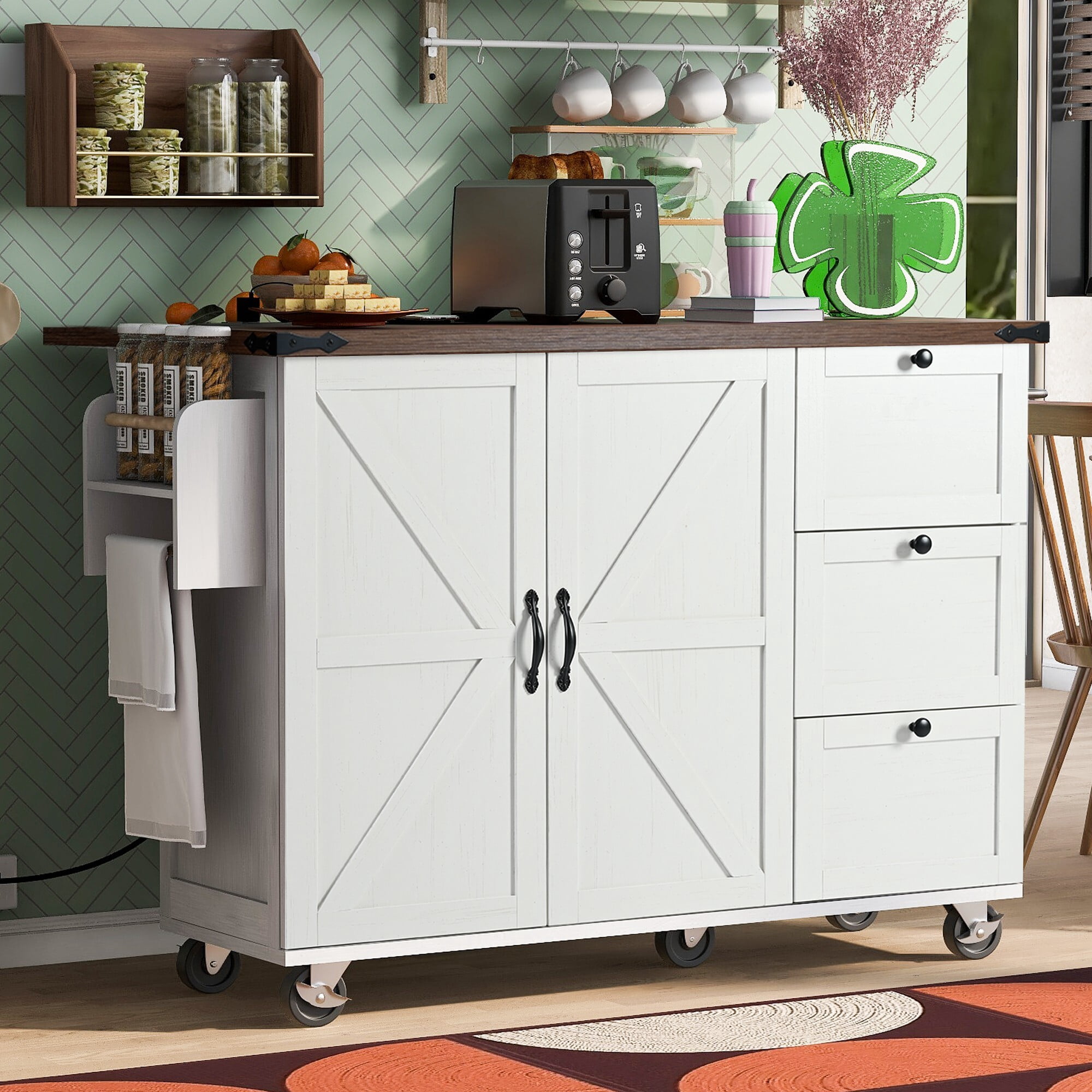 DEALTOPS 54.5" Barn Door Kitchen Island with Power Outlet & Drop Leaf, Mobile Serving Cart, Distressed White