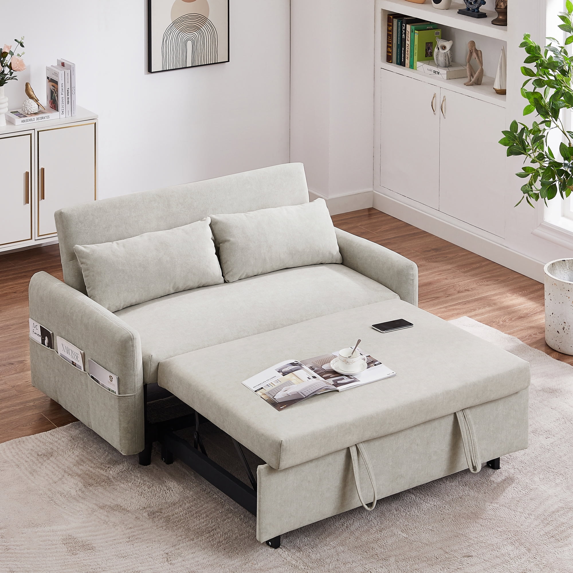 DEALTOPS 55.1" Sofa Bed with Pull Out Sofa Bed Sleeper Sofa Couch Adjsutable Backrest Loveseats Couches for Living Room - Beige