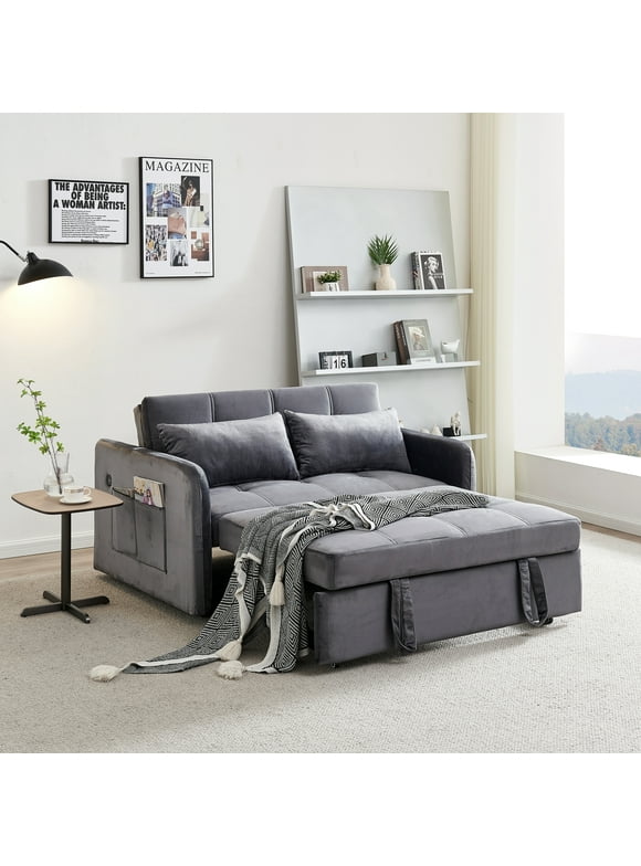 DEALTOPS 55.5" Pull Out Loveseats Sleeper Sofa Bed with USB Ports and Side Pockets, Gray