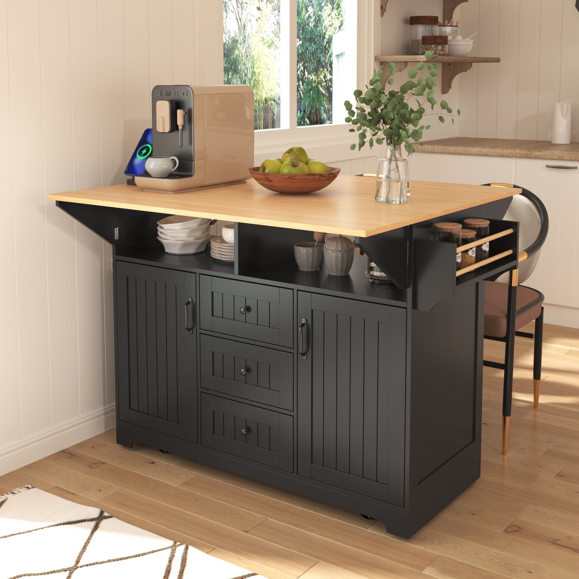 DEALTOPS 55.7" Large Kitchen Island with 2 Drop Leaf, 3 Drawers, Rolling Kitchen Cart on 5 Wheels with Power Outlet, Folding Storage Dining Table with Spice & Towel Rack for Kitchen-Black