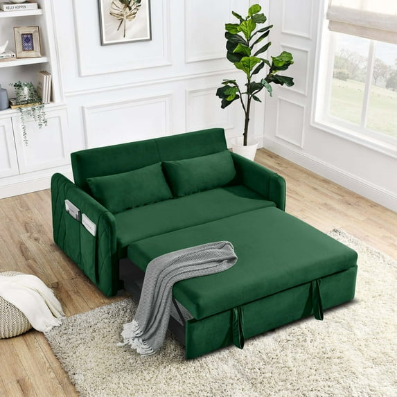 DEALTOPS 55" Modern Pull Out Loveseat Sofa Bed with 2 Detachable Arm Pockets, Green