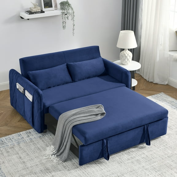 DEALTOPS 55" Modern Velvet Pull Out Sofa Bed Loveseat Lounge Chaise,Sleeper Sofa Bed with Adjustable Backrest 2 Detachable Arm Pockets - Blue