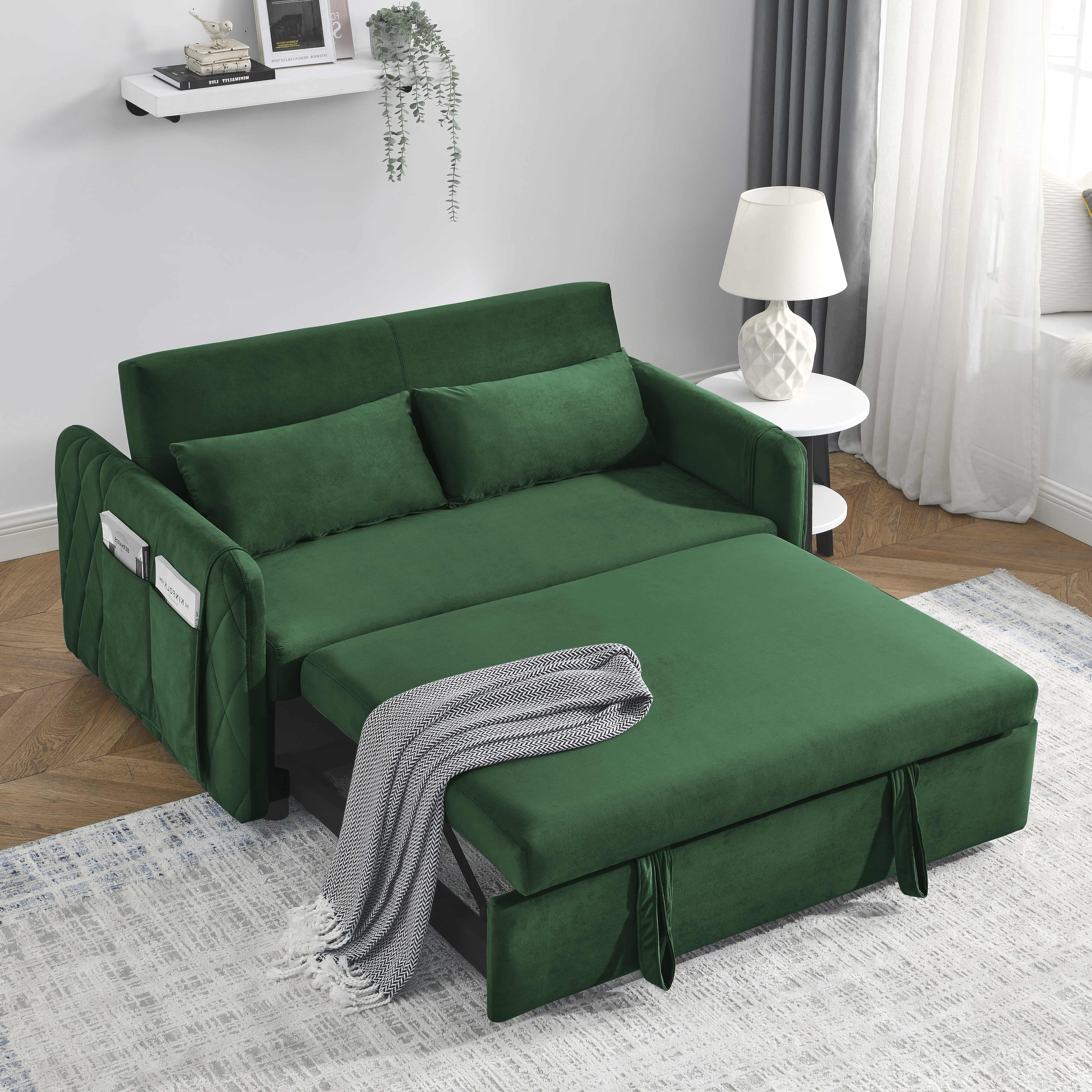 DEALTOPS 55 Modern Velvet Pull Out Sofa Bed Loveseat Lounge Chaise Sleeper Sofa Bed with Adjustable Backrest 2 Detachable Arm Pockets Green