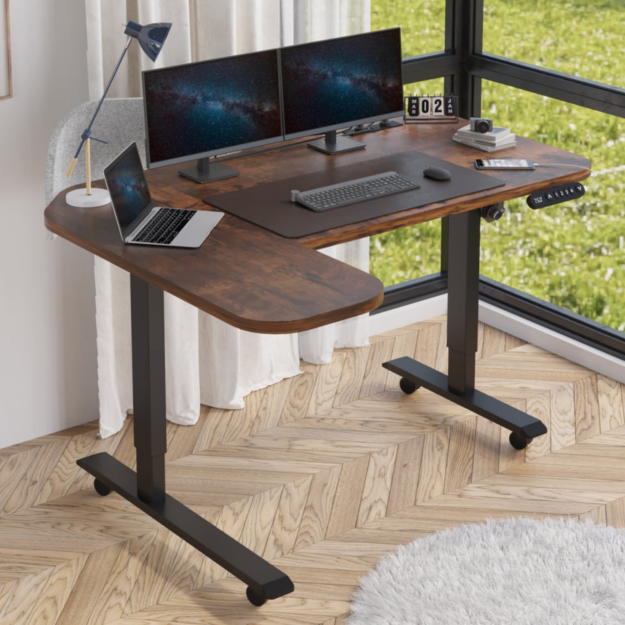 DEALTOPS 59" L-Shaped Electric Standing Desk with Power Strip, Height Adjustable Table with Mouse Pad, Rustic Brown