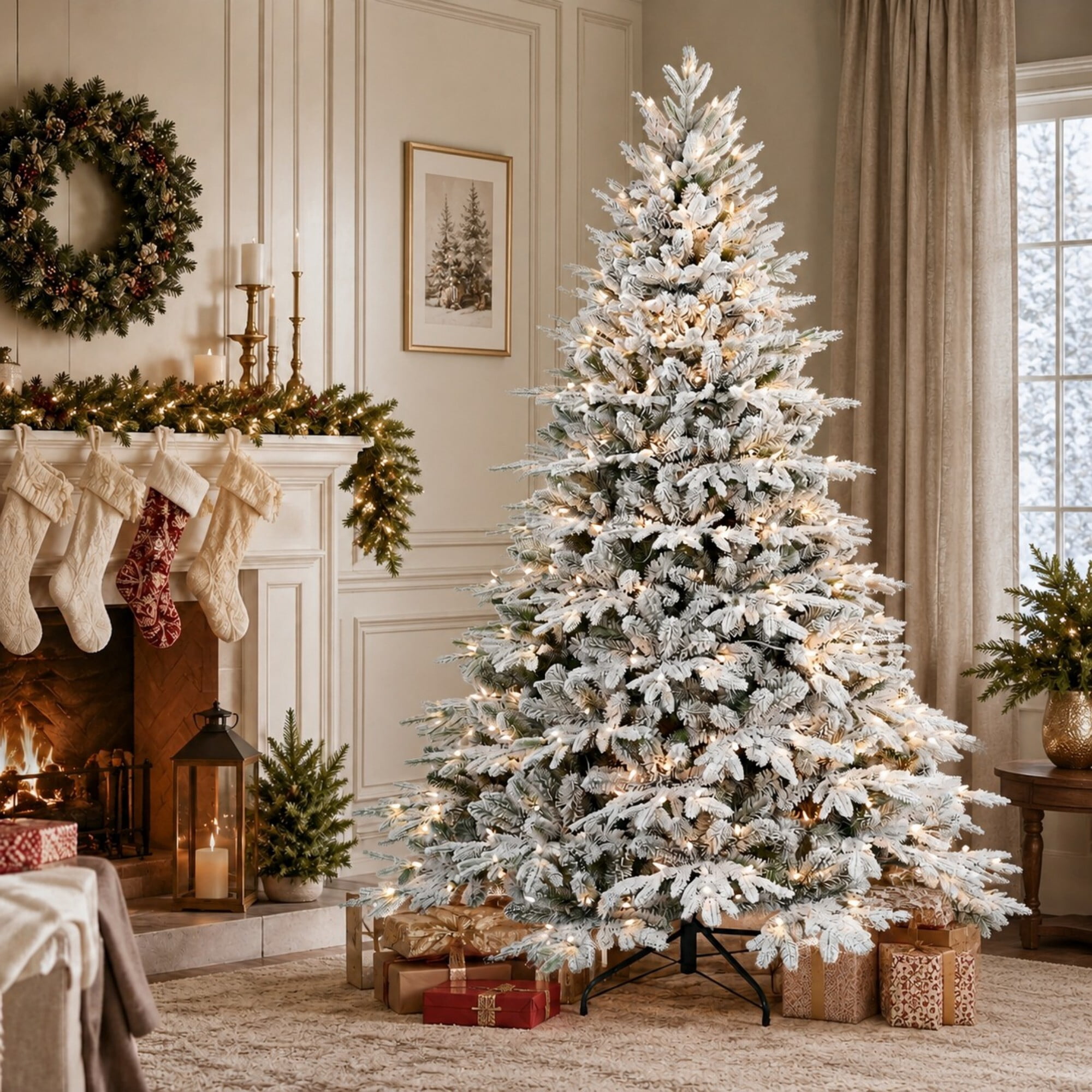 DEALTOPS 6.5ft Pre-Lit Flocked Artificial Christmas Tree, 450 Warm White Lights, 2225 Tips, Foldable Metal Stand