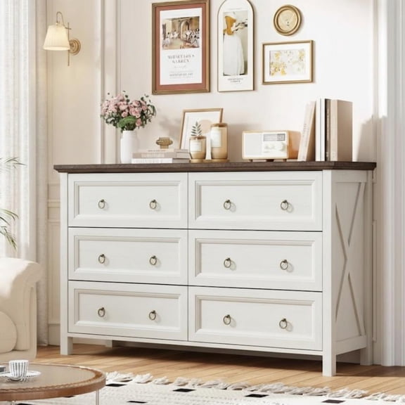 DEALTOPS 6-Drawer Farmhouse Dresser, 54" Wide Wood Storage Chest Bedroom Organizer with Metal Handles, White
