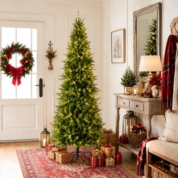 DEALTOPS 6 FT Pre-Lit Slim Christmas Tree with 300 Warm White LED Lights and 850 Realistic PE/PVC Tips
